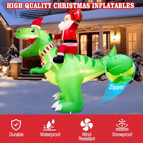 8FT Christmas Inflatable Santa Riding Dinosaur with LED Lights Outdoor Holiday Decor