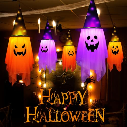 Halloween Outdoor Decorations 2 Pcs Glowing Ghost Witch Hats Hanging Decor - Variation of Ghosts Decor