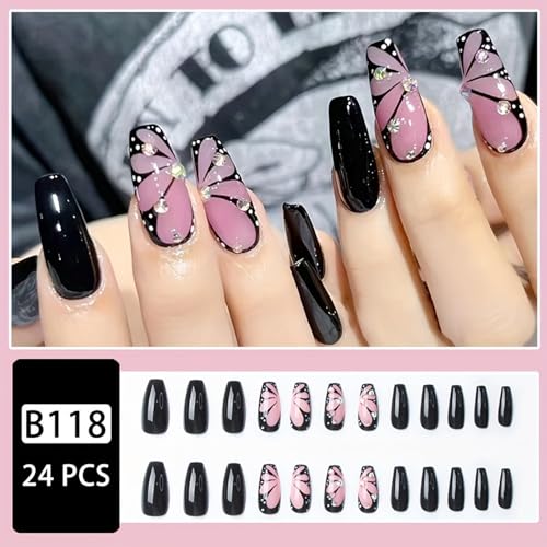 Pink Butterfly Rhinestone Press On Nails - Coffin Style, 24 Pieces, Black & Pink Variations