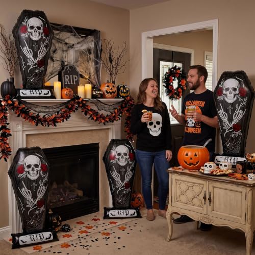 Halloween Coffin Balloons Set with RIP Base - Large Skeleton Foil Decor