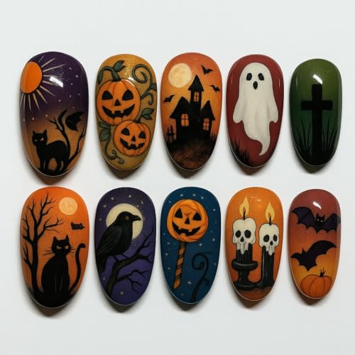 Halloween Press On Nails Short Almond Fake Nails Set - 24Pcs, Style 83