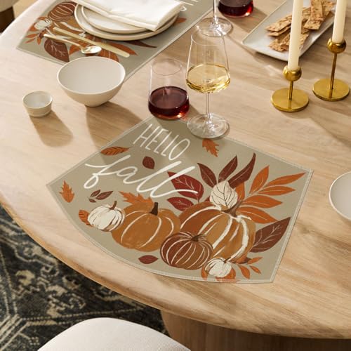 12x18 Inch Wedge Placemats Set of 4 - Hello Fall Pumpkins Decor, Khaki