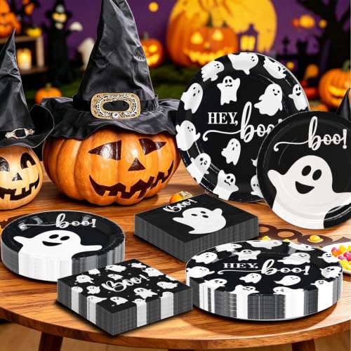 Halloween Paper Plates and Napkins Set - Ghost Design Party Supplies, 180 Pieces