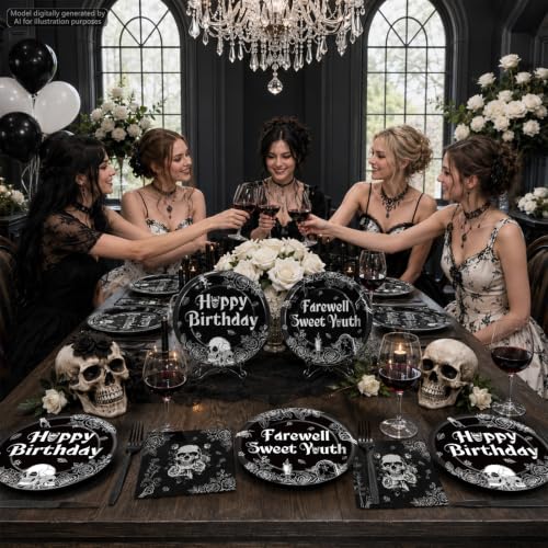Gothic Birthday Party Plates and Napkins Set - Black & White Skull Design