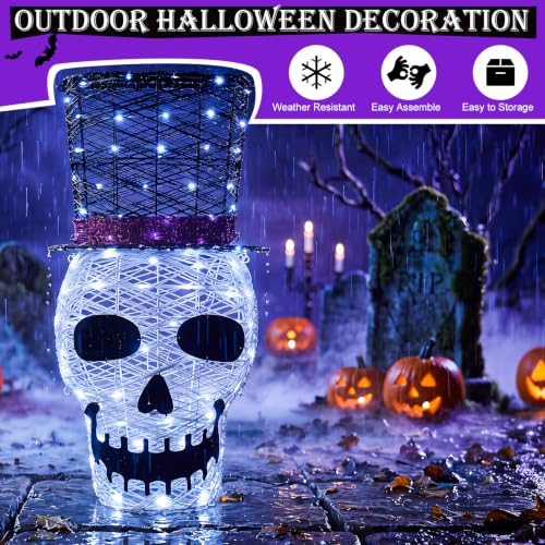 Rattan Skull Lighted Outdoor Halloween Decoration - 36" Haunted LED Skull with Top Hat