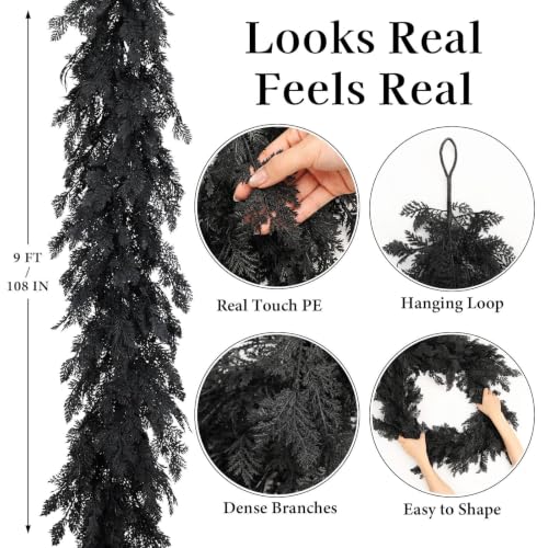 Halloween Garland 8.9FT Black Artificial Decor for Mantle Fireplace & Porch - Real Touch Cedar Cypress Pine - Variation 1