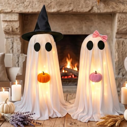 Halloween Ghost Decor Set - Lighted Indoor & Outdoor Spooky Couple Ghosts with Pumpkins