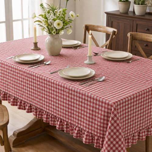 Horaldaily Beige Red Gingham Ruffled Table Cloth 60x84 Inch Rectangular