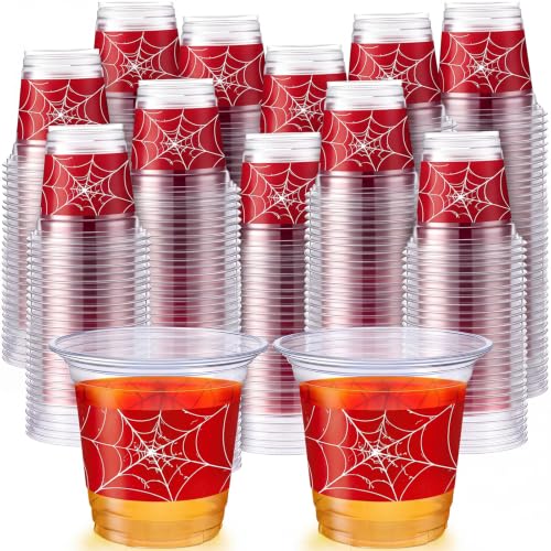 Spider Book Disposable Plastic Cups - 100 Pcs 12oz Clear Party Drinkware with Spider Web Design