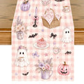 Pink Halloween Ghost Table Runner - Cute Gingham Party Decor, 13x72 inches - Variation of Pink Ghost