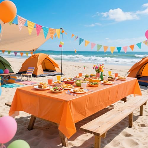 Orange Plastic Tablecloth 3 Pack - 54 x 108 Inch Disposable Rectangle Cover B01