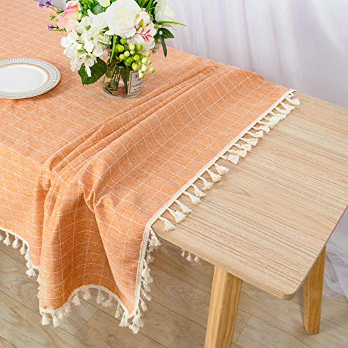 Coral Gingham Tablecloth 55x102 Inches Embroidered Cotton & Polyester Farmhouse Decor