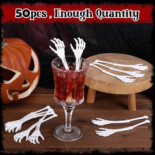50 Pcs Halloween Skeleton Cocktail Stirrers - Skeleton Hand Swizzle Sticks - Spooky Party Decor