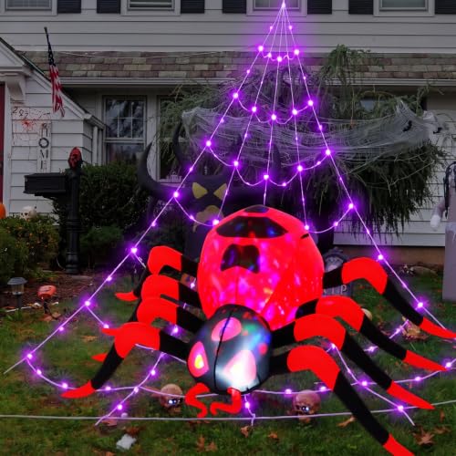 8 FT Giant Inflatable Halloween Spider with Red Web Lights - Outdoor Yard Decor