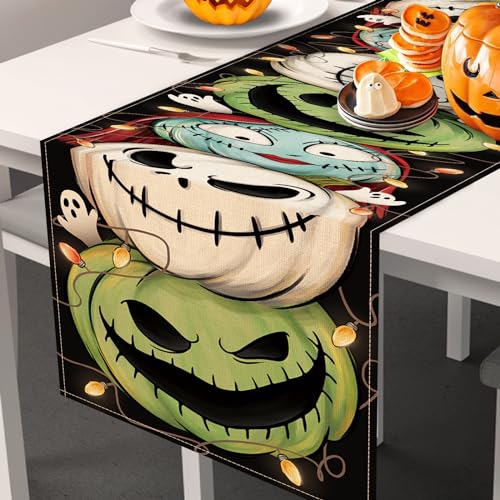 Halloween Jack O Lantern Pumpkin Table Runner - Green Monster, 13x72 inches Variation
