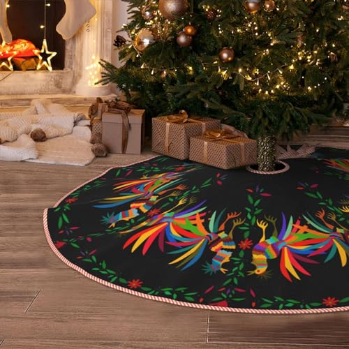 Round Ethnic Mexican Christmas Tree Skirt 36 Inch Black Rustic Holiday Decor