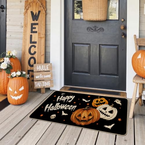 Halloween Ghost Doormat with Pumpkins Bat Welcome Mat 17x36 Inch Non-Slip Indoor Outdoor Seasonal Entryway - Variation: Three Pumpkins 1.5x3 ft