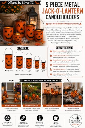 Halloween Pumpkin Candle Holders Set of 5 Rustic Metal Jack-O'-Lantern Decor