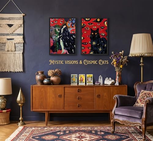 Hippie Black Cat Wall Art Canvas Posters - Mystical Animal Eyes Stars Set - 24x16 Inches, Framed Style