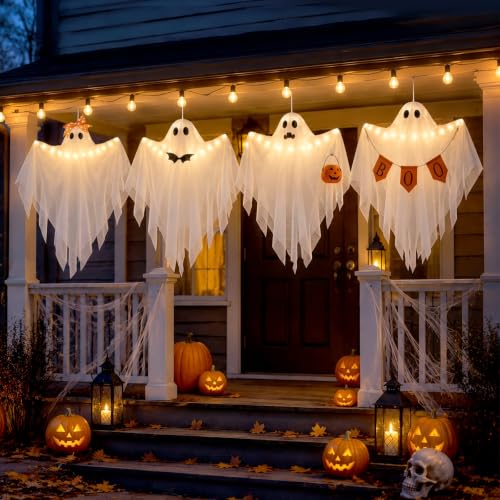 Lighted Hanging Ghost Decorations with Timer - Ghosts with Ornaments Halloween Set