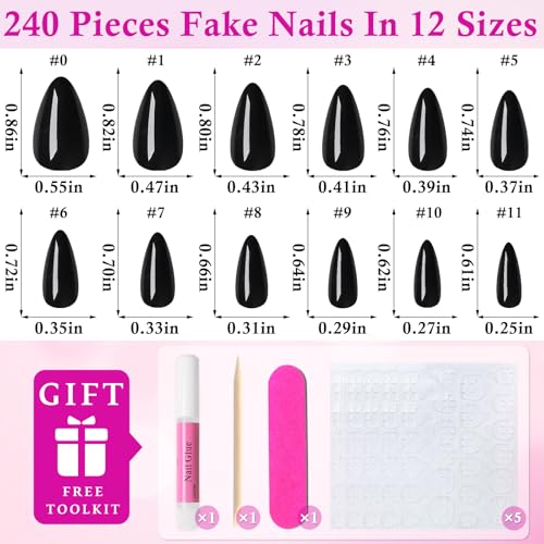 LuckForever Black Short Almond Press On Nails with Glue Tabs - 240pc