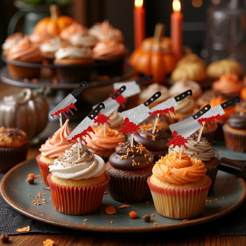 Halloween Cupcake Toppers with Bloodstained Knife Design - 24 Pcs Party Decorations