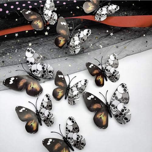 Halloween Wall Decals 12-Pack 3D Skull Butterfly Stickers for Festive Decor