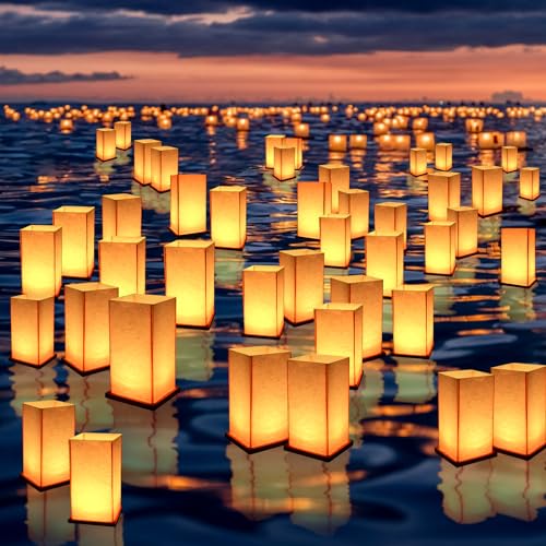 Floating Paper Lanterns with LED Candles 20 Set for Pool & Birthday Decor - Wooden DIY Lanterns with Tealights (Variation: 20 Lanterns with LED Candles)