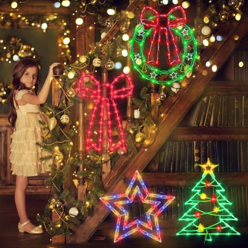 16-Inch Christmas Window Silhouette Lights - Wreath & Bow & Star & Christmas Tree Variations