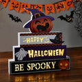 Halloween Wooden Block Set with Glowing 3D Letters and Witch-Hatted Pumpkin - Indoor Decor