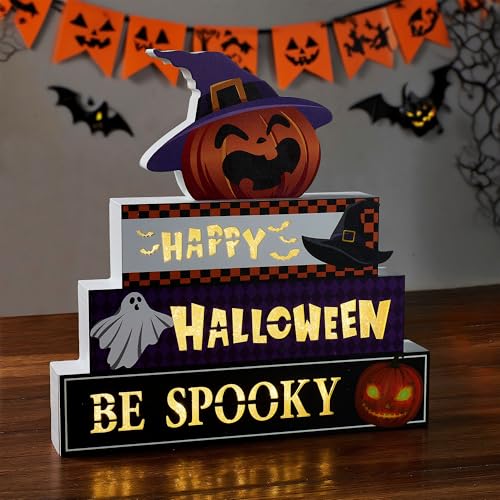 Halloween Wooden Block Set with Glowing 3D Letters and Witch-Hatted Pumpkin - Indoor Decor