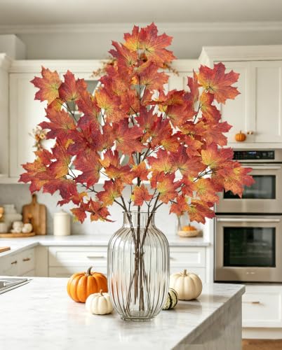 Artificial Maple Branches - Fall Faux Plant Stems with Realistic Leaves, Red, 38 Inch for Indoor Outdoor Decorations