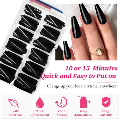 Long Black Coffin Press-On Nails with Glue & Tools – 120PCS Manicure Set