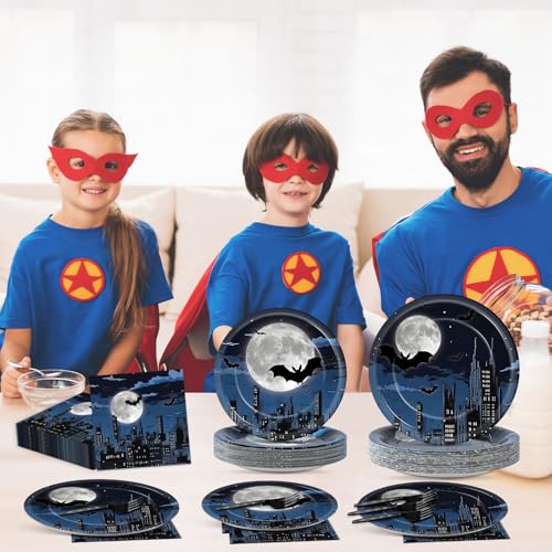 Night Bat Theme Party Plates Napkins & Forks Set - Kids Hero Birthday Decor
