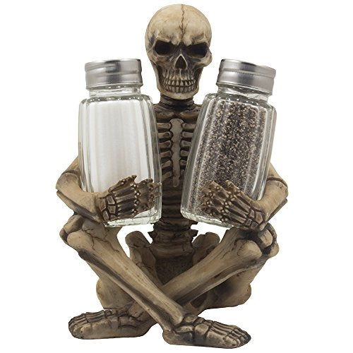 Spooky Skeleton Salt and Pepper Shaker Set with Decorative Stand for Halloween Kitchen Decor