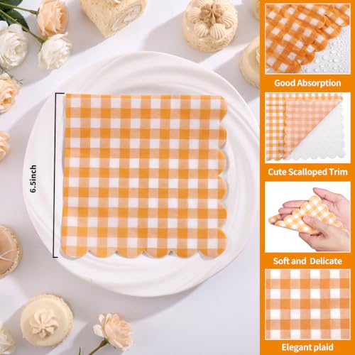 Orange Gingham Paper Napkins - Fall 6.5 Inch Scalloped 2-Ply, 80 Pack