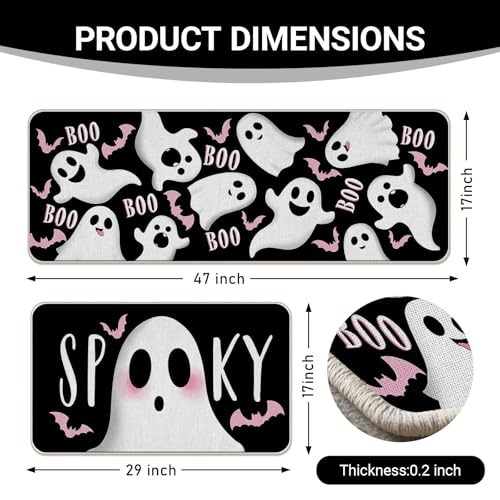 Black Halloween Kitchen Rugs Set of 2 Ghost Spooky Boo Non Slip Decor