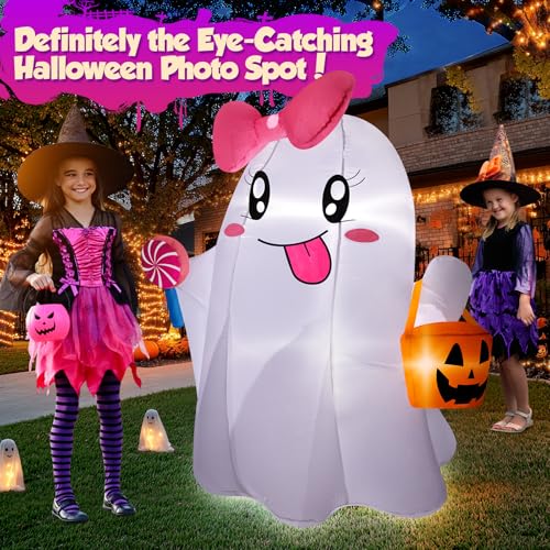 5FT Halloween Ghost Inflatable with Bright LED Lights & Pink Bow - Outdoor Yard Decoration