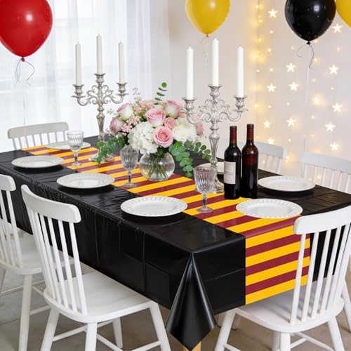 Disposable Wizard Tablecloth Set - Black Yellow Red Striped Party Covers, 4 Pcs