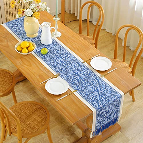 Royal Blue Floral Boho Table Runner 13 x 48 Inches - Handmade Rustic Decor