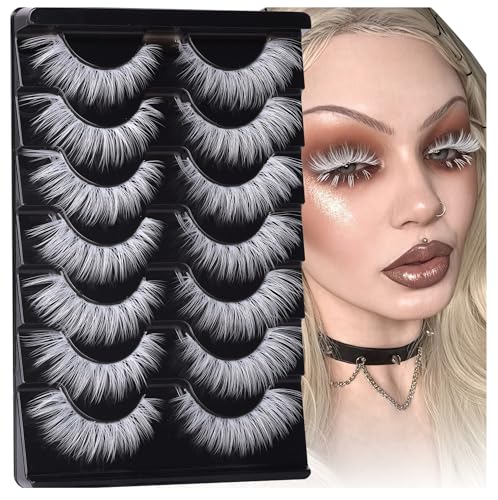 White Halloween False Lashes - Natural Look, Spiky Devil Style, 7 Pairs - H-white