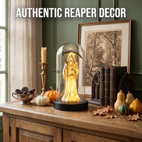 Yellow Grim Reaper Ghost Halloween Decor Light - LED Tabletop Lamp with Glass Dome