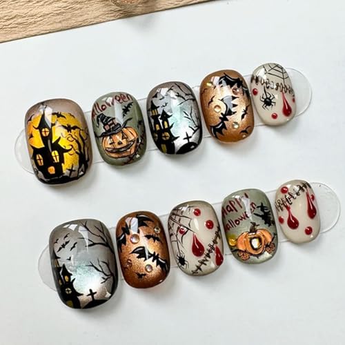 Halloween Pumpkin Bat Gothic Press On Nails Short Square Fake Nails with Variation 32