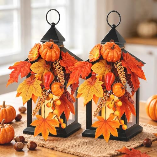 Fall Lanterns Decorative Indoor & Outdoor 14-Inch Black Set with Flameless Candles - 2 Pack