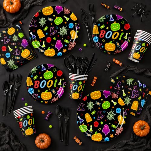 Halloween Party Supplies Set - Ghost & Pumpkin Paper Plates Napkins Cups Forks