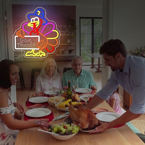Thanksgiving Neon Sign Give Thanks Turkey Dimmable Wall Decor for Holiday Festivities