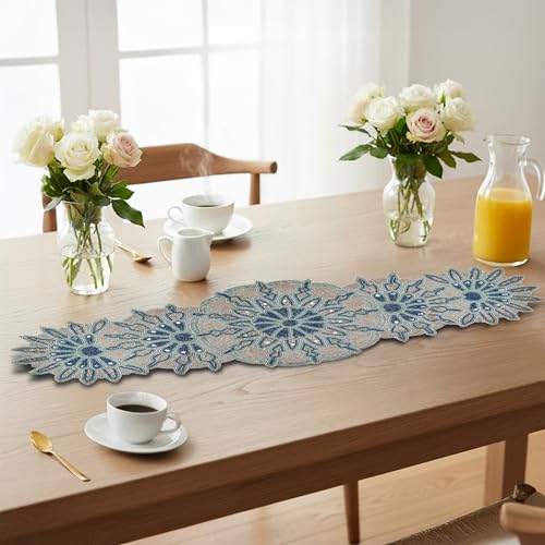 Hand Beaded Silver Green Table Runner 13x36 Inch Accent Decor