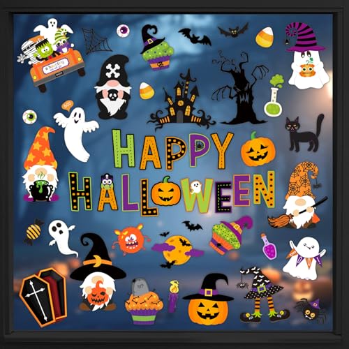 Halloween Window Clings - 9 Sheets, Reusable Cartoon Pumpkin Ghost Gnome Decorations