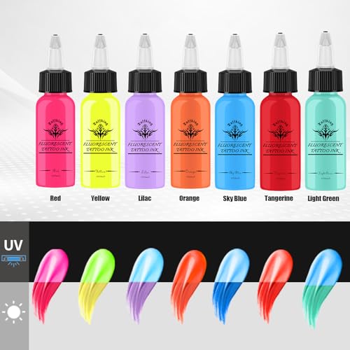 Fluorescent Tattoo Ink Set - 7 Colors UV Glow in The Dark 1 Fl Oz - Blacklight Body Art Kit