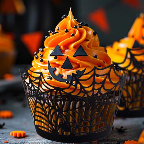 Halloween Cupcake Wrappers - Black Spider Web Cake Liners, Pack of 36